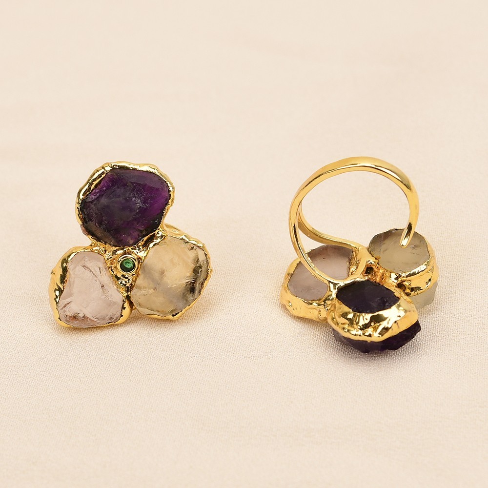 Natural Purple Amethyst Quartz Yelllow Citrine Gold Plated Rings For Women