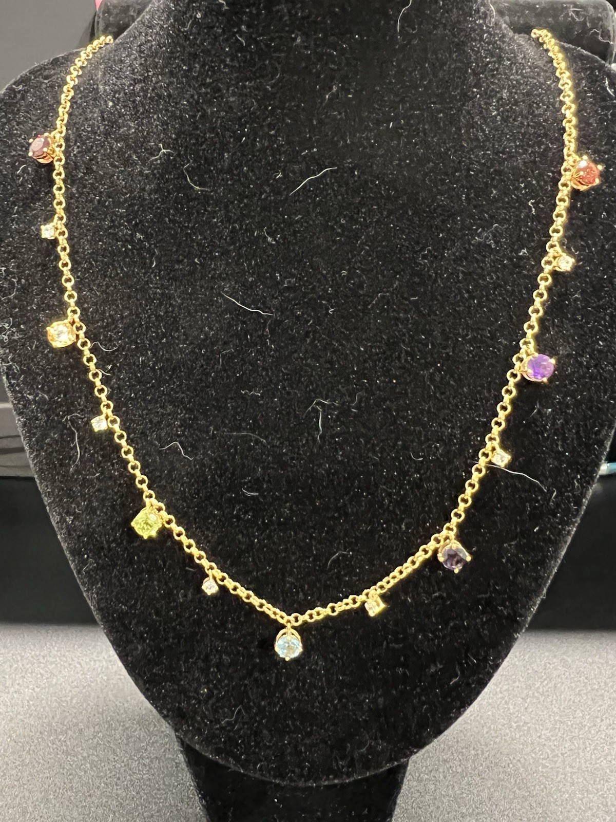 14K Gold over .925 Sterling Silver Natural Multi-Gem Station Necklace 16-17in