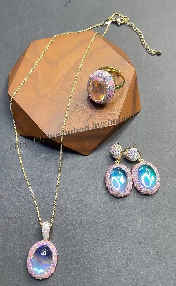 Synthetic Colorful Moonstone Gem Beads Inlay Earrings +Ring+Pendant Necklace Set