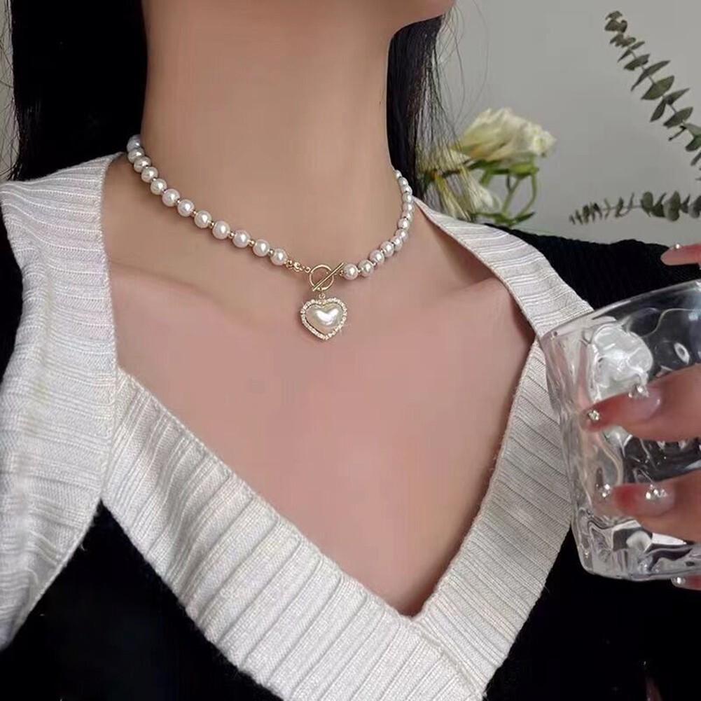 Heart Pendant Necklace Pearl Choker Korean Style Elegant Clavicle Chain Jewelry