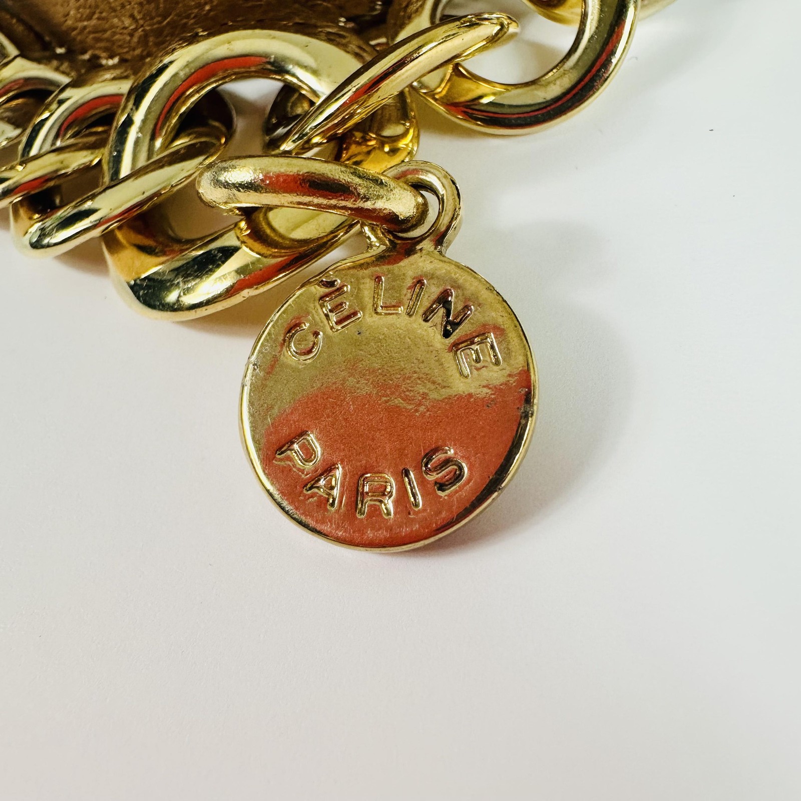 Celine Brown Leather Double Wrap Chain Bracelet Gold Tone Triomphe Logo Charm