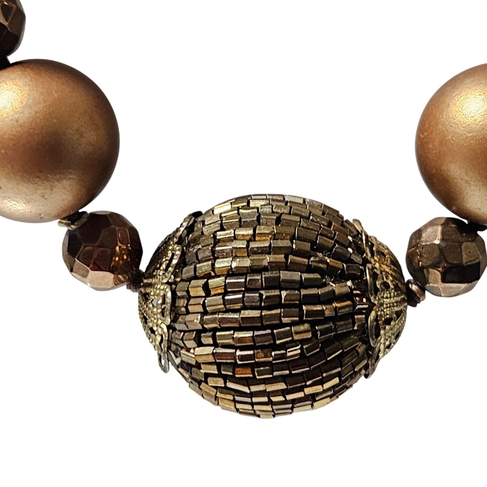 Elegant Bronze Toned Beaded Necklace Metallic Bead Centerpiece Fashion Jewelry