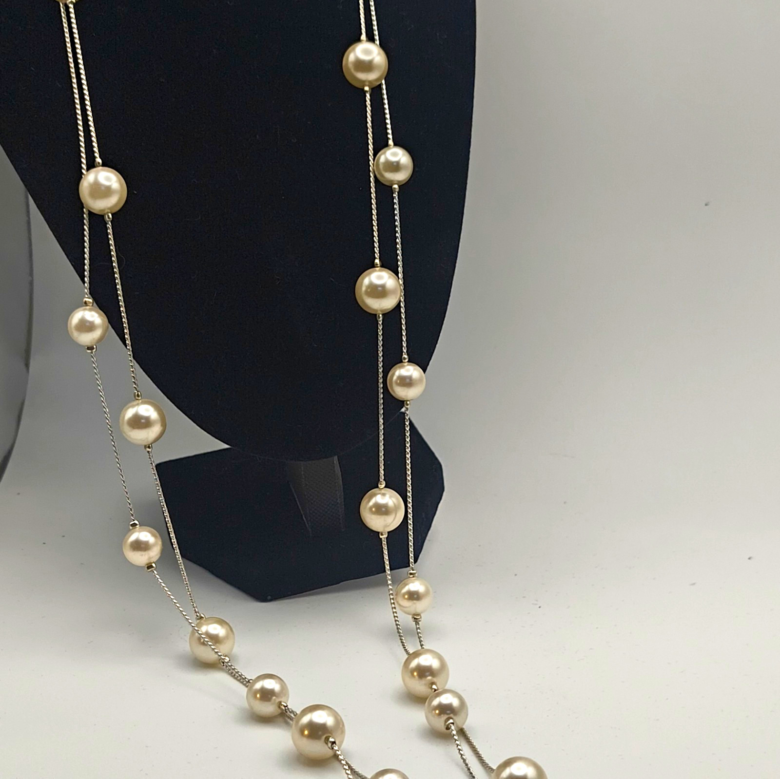 Roman Silver Tone Station Snake Chain Necklace White Imitation Pearls Signed