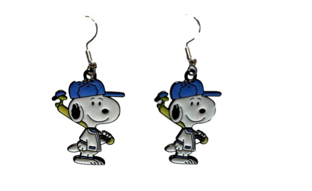 Peanuts Cartoon Dog Baseball with Woodstock on Bat French Wire Earrings