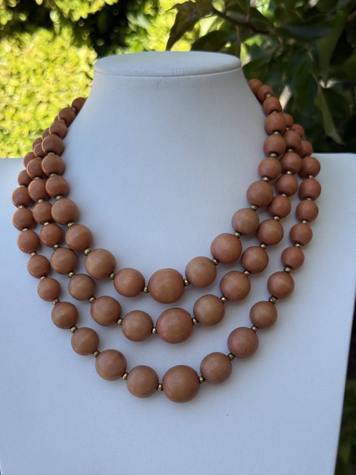 Antique Triple Strand Wooden Bead Necklace With Old Jump Ring Clasp & Patina