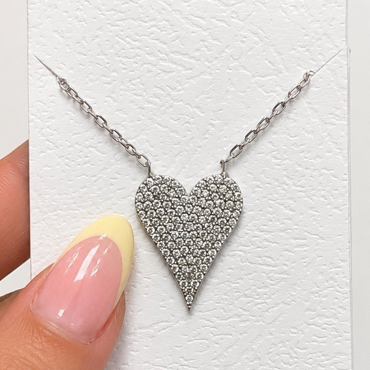925 Silver Rhodium Plated CZ Pave Elongated Heart Necklace 16”+2” Extender
