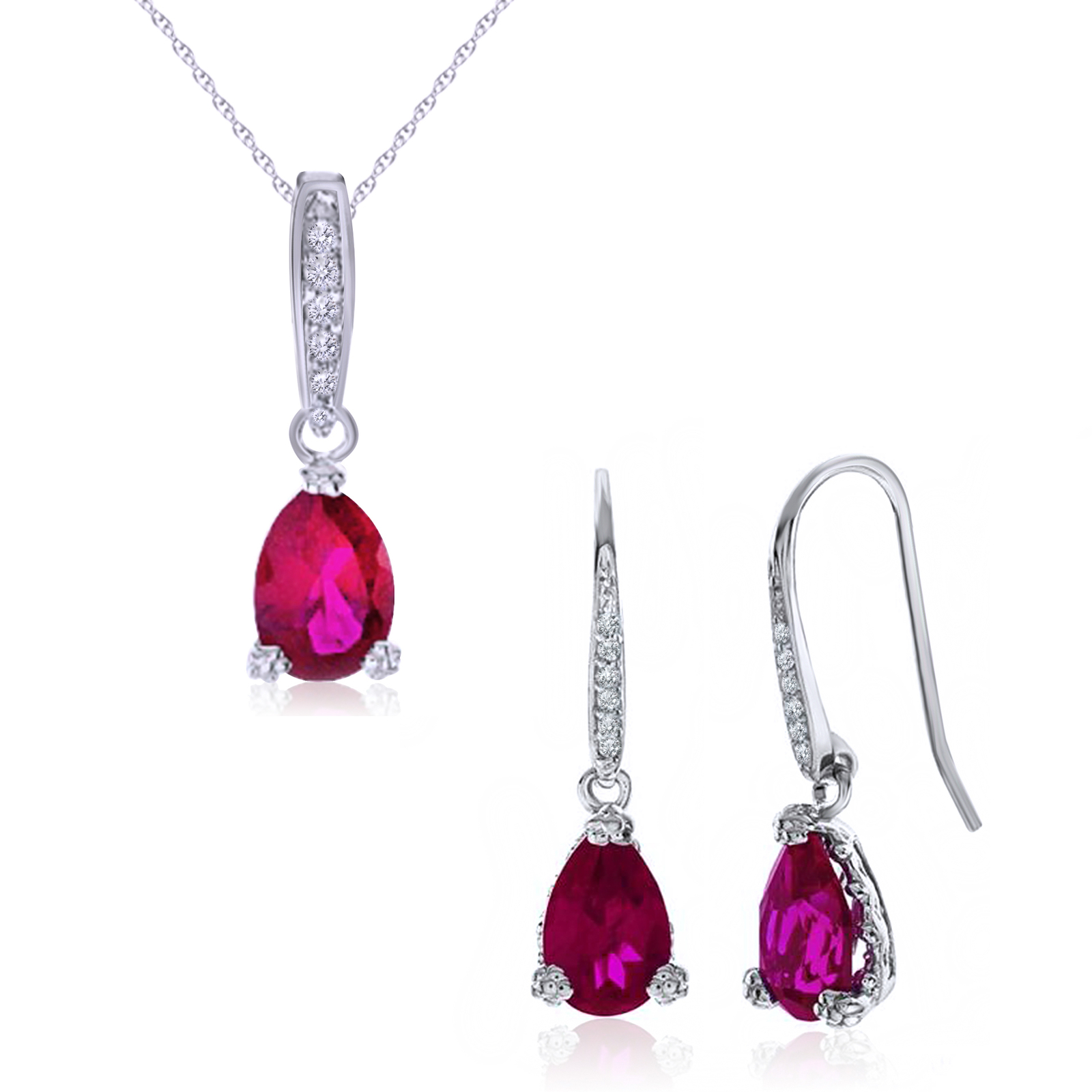 Pear Cut Simulated Ruby Pendant & Earrings Set 14k White Gold Plated 925 Silver