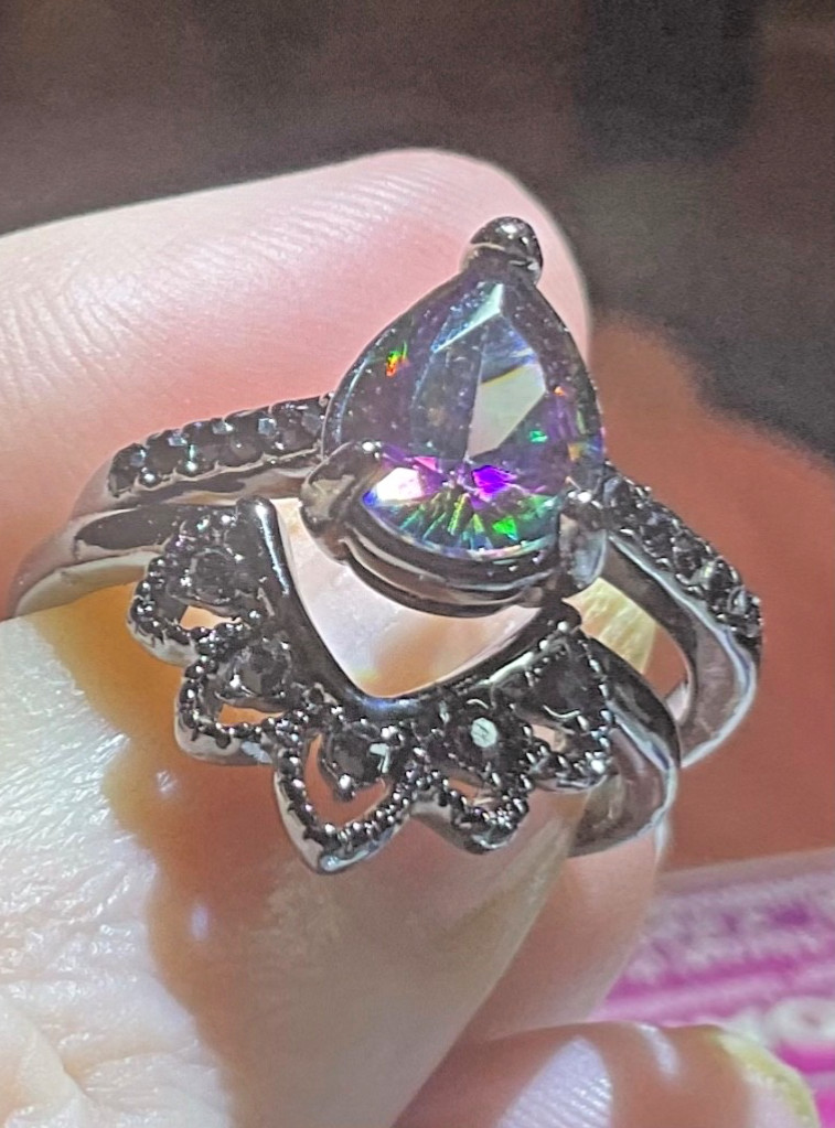 Pear Cut Lab Alexandrite Balck Moissanite 2pc Ring Set Size 6.5 FREE SHIPPING