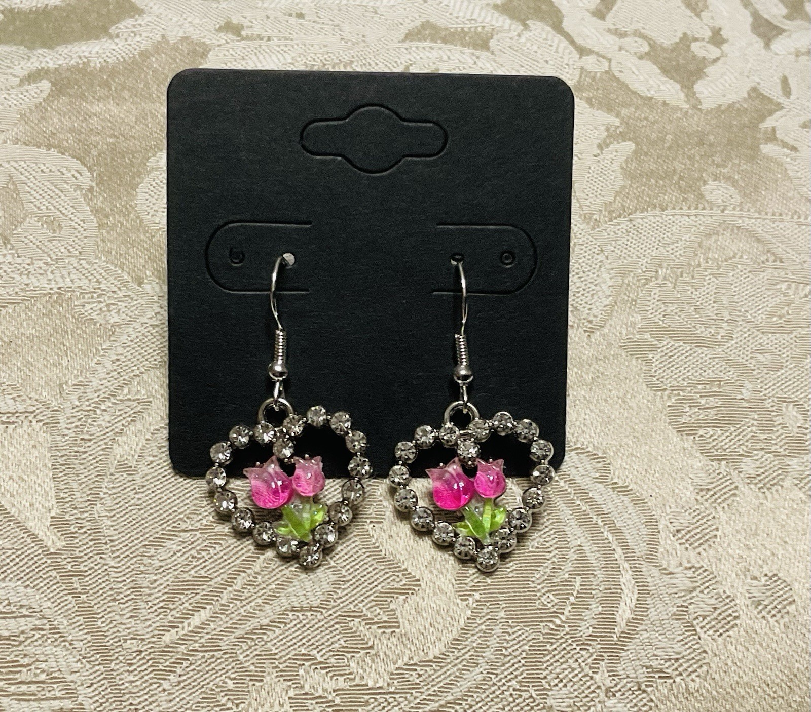 Vintage Gem Floral Heart Silver Enamel Drop Dangle Bohemian Trendy Earring Set