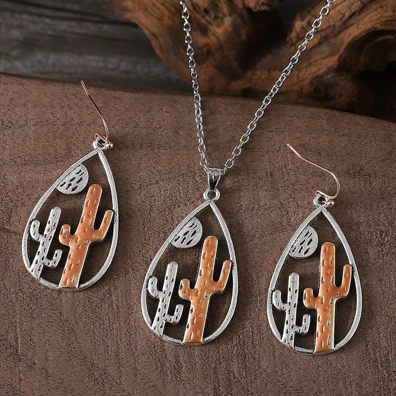 2-piece Set Vintage Western Two-tone Desert Cactus Necklace Set Earrings Jewelry