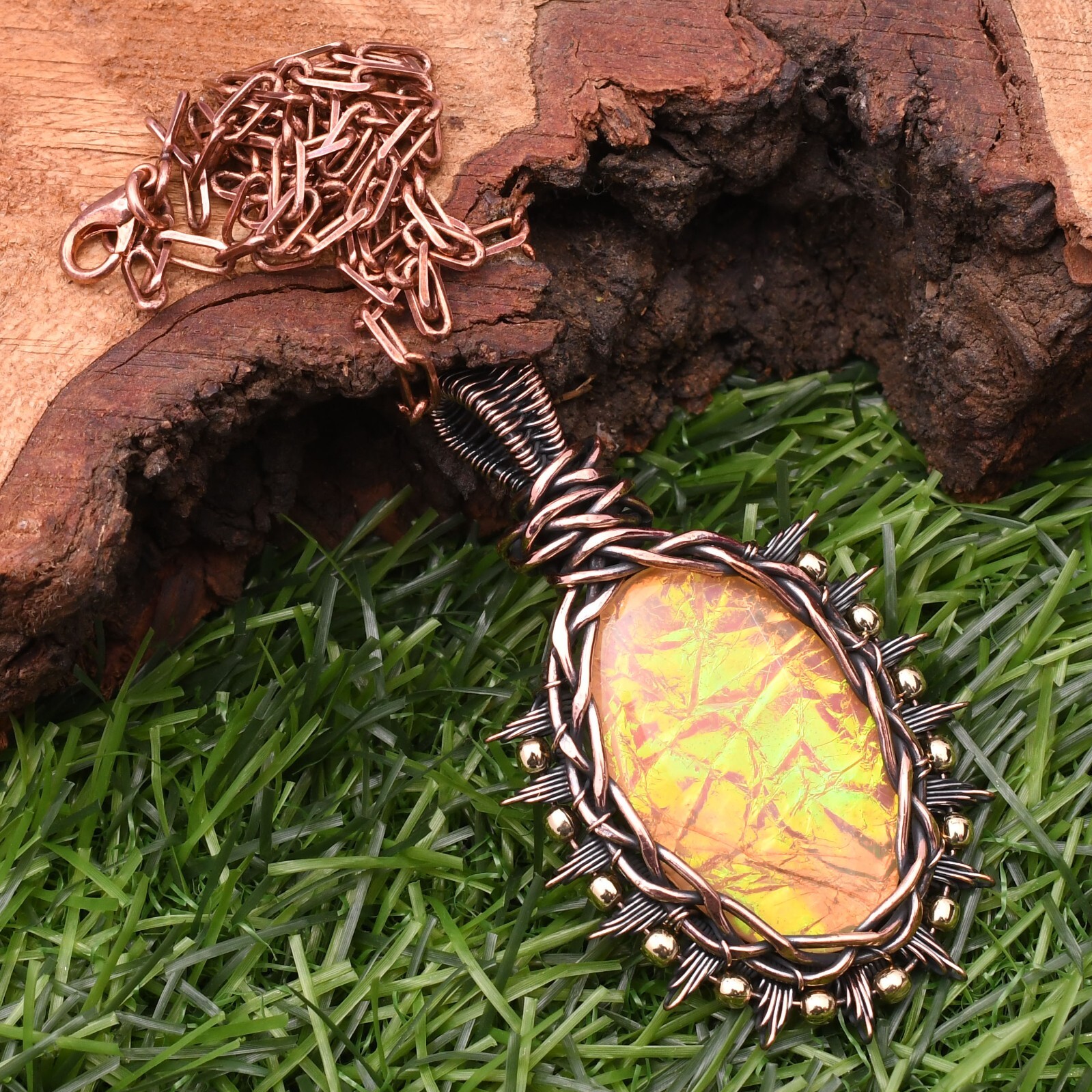 Triplet Fire Opal Gemstone Copper Wire Wrap Handmade Jewelry Pendant 2.28″