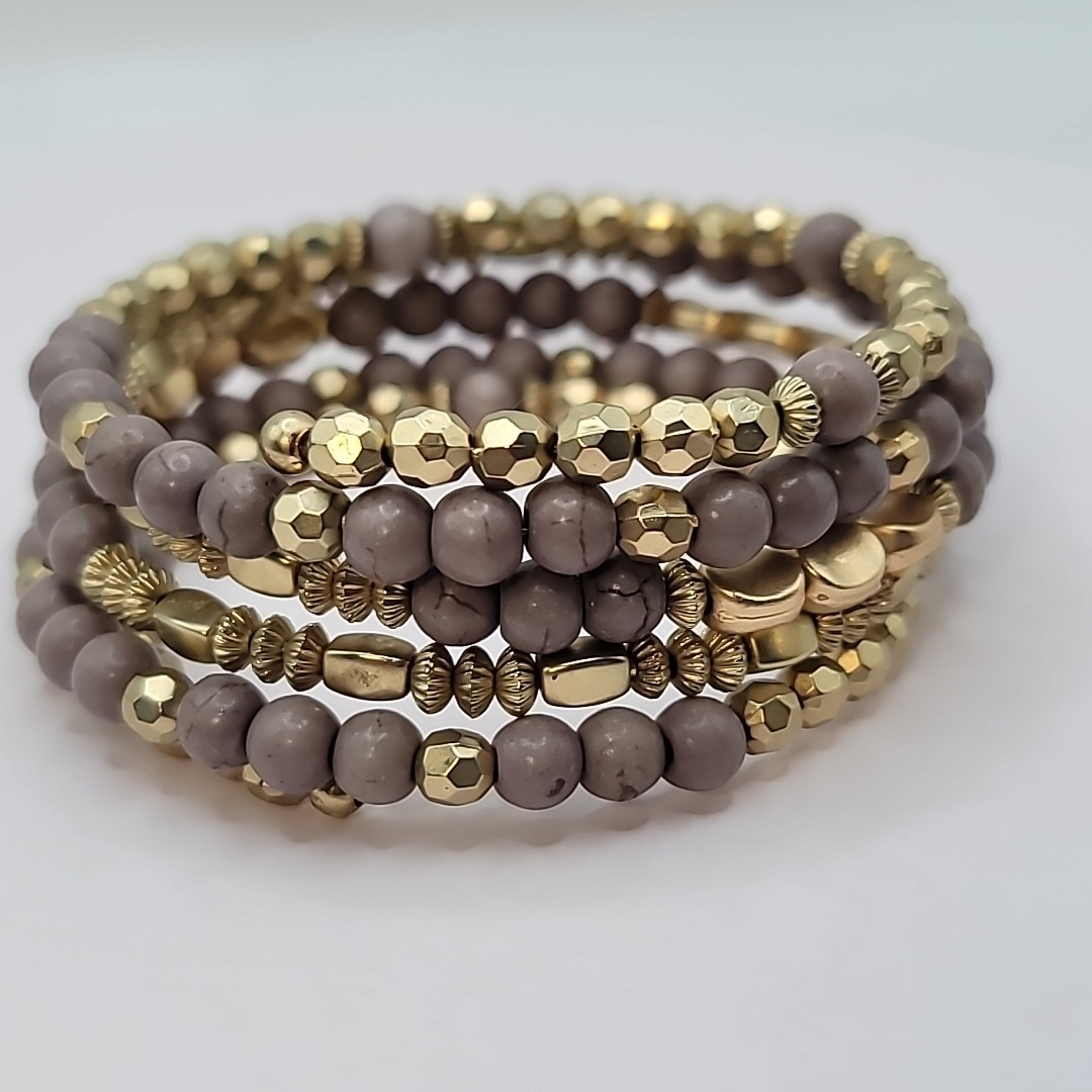 Purple Gray Gold Tone Beaded Memory Wire Coil Bracelet