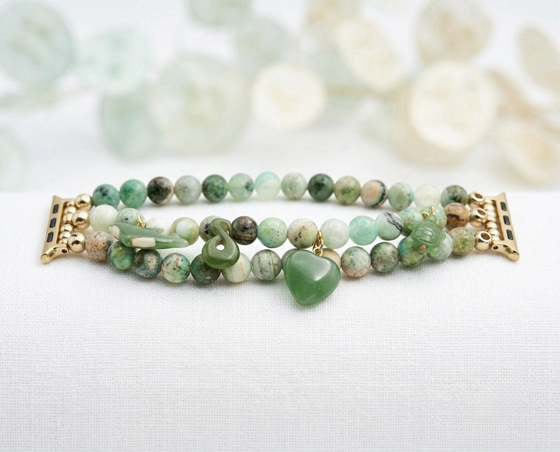 Jade Stone Beaded Apple Watch Band w/ Jade Charms 38/40/41mm