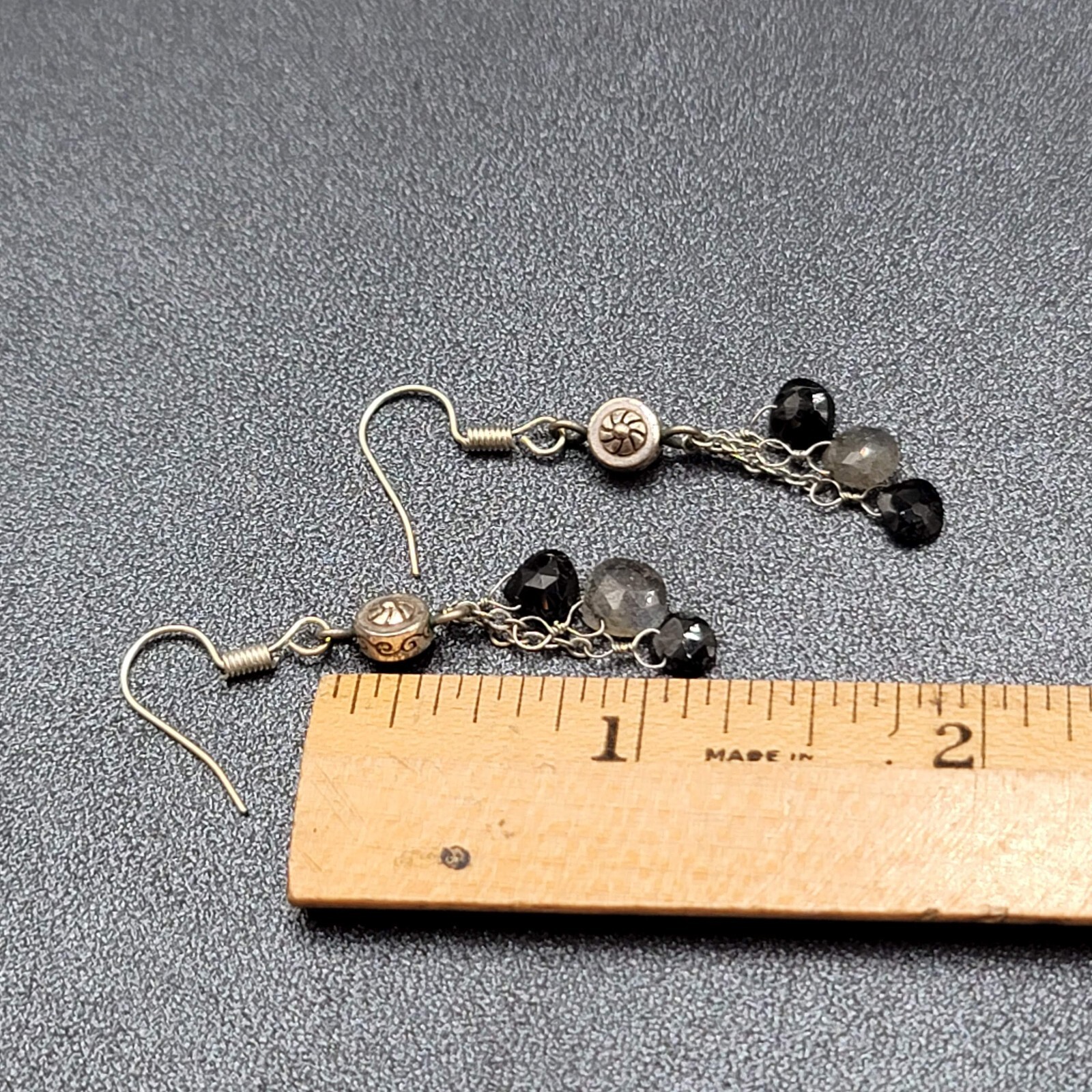 Pierced Earrings Silver tone Black Gray Stones on Dangle Chains 1.25″