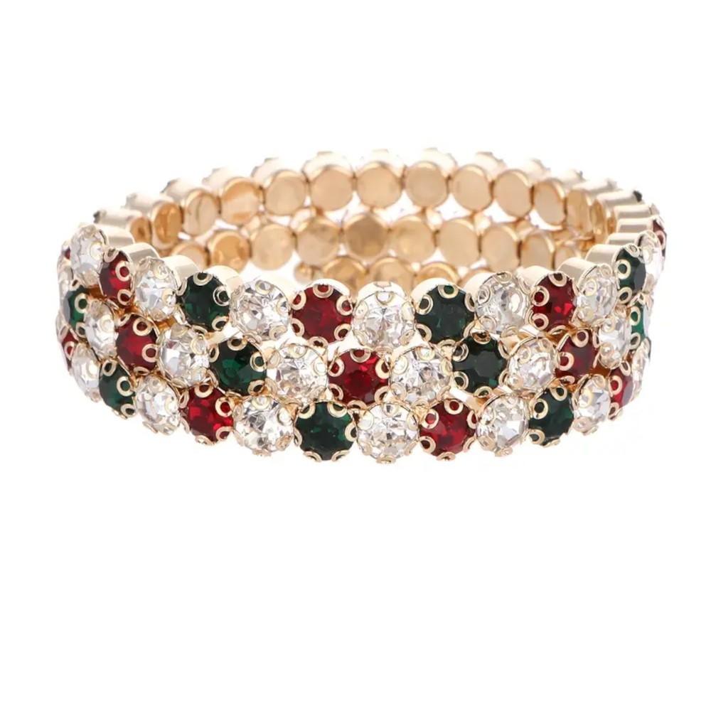 Sparkling Gold 3 Layer Multi Color Crystal Tennis Statement Wide Cuff Bracelet