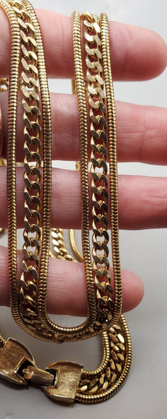 Vintage 3 Strand Curb & Snake Chain Gold Tone Layered Necklace Fold Over Clasp