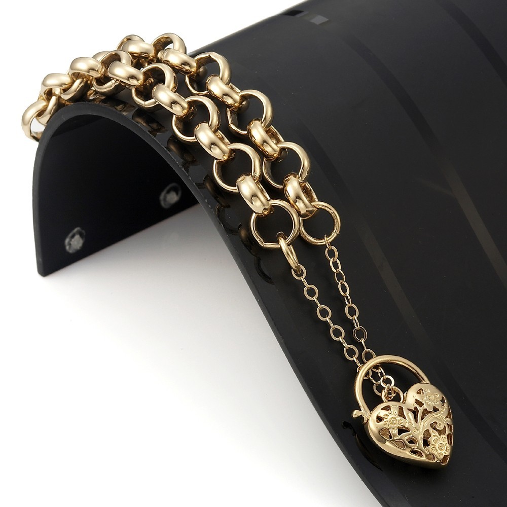 18K GL Solid Thick Chunky Belcher Gold Bracelet with Filigree Heart Padlock