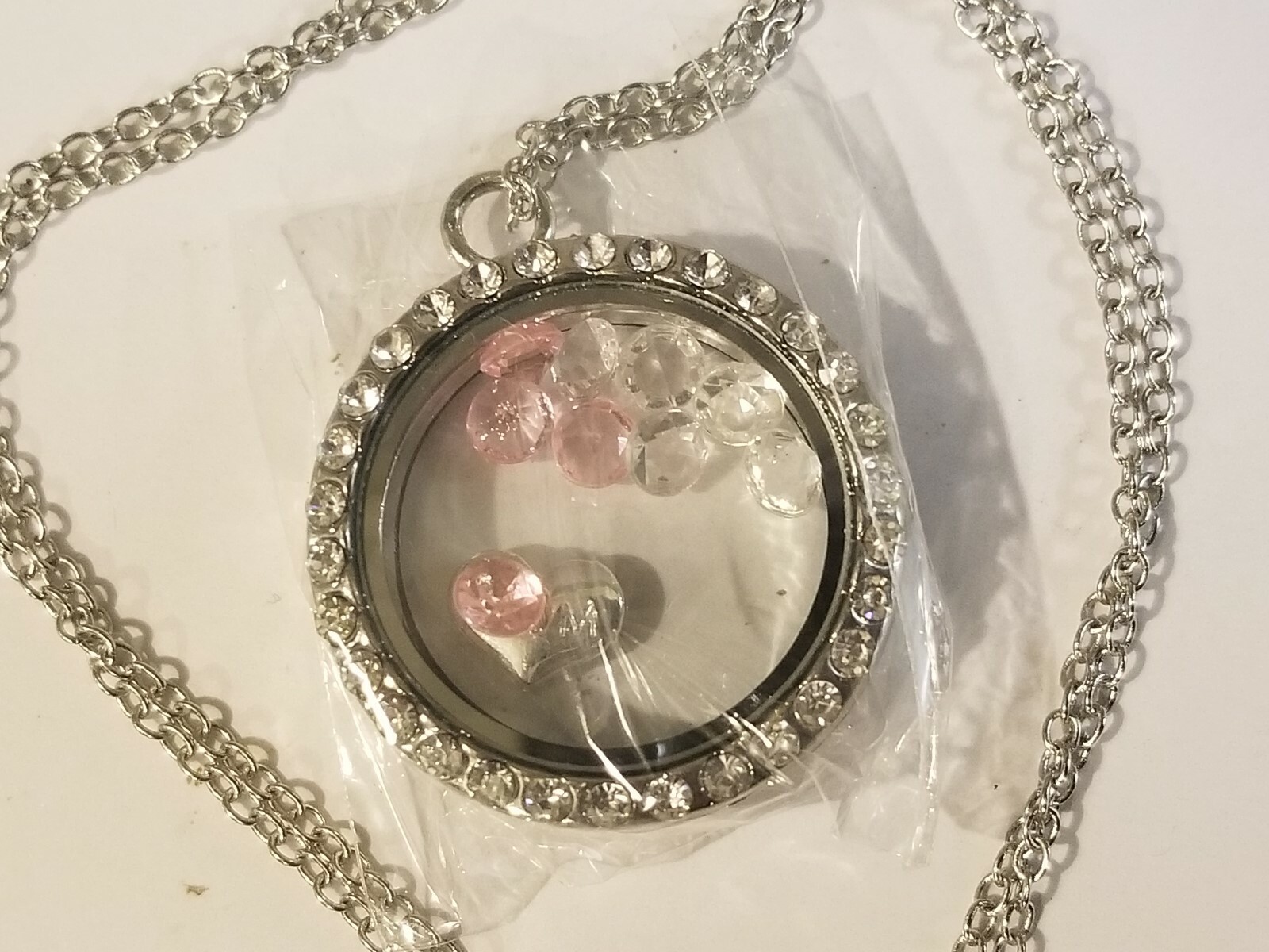 Locket & Chain w/ White Gold Plate contains Pink & White Lab created Sapphires