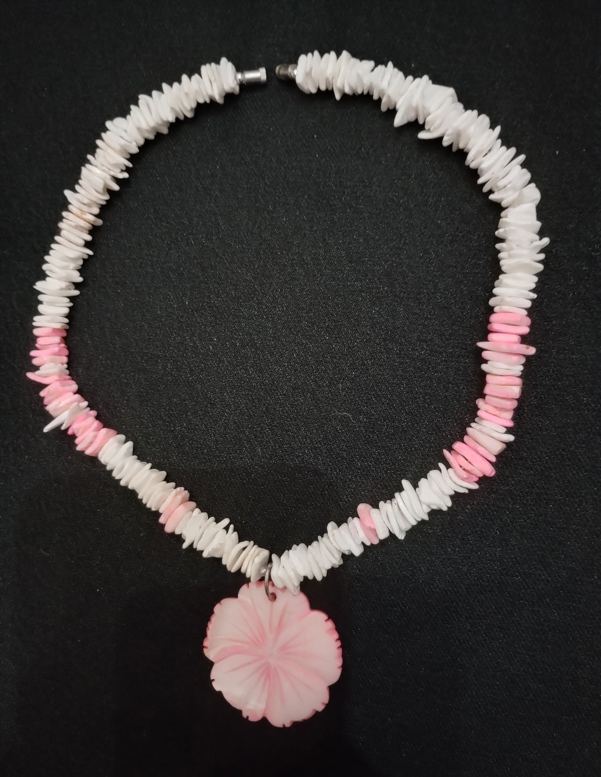White & Pink Beaded Pendant Necklace, Flower Charm, Ball/Bead Chain