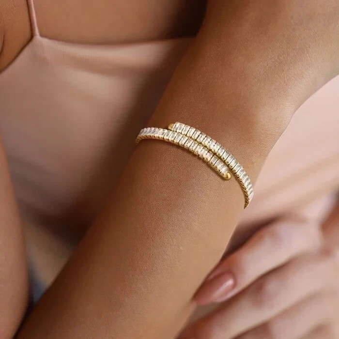 18K Gold Plated Cubic Zirconia Tennis Bracelet Open Ended Stretch Bangle Bridal