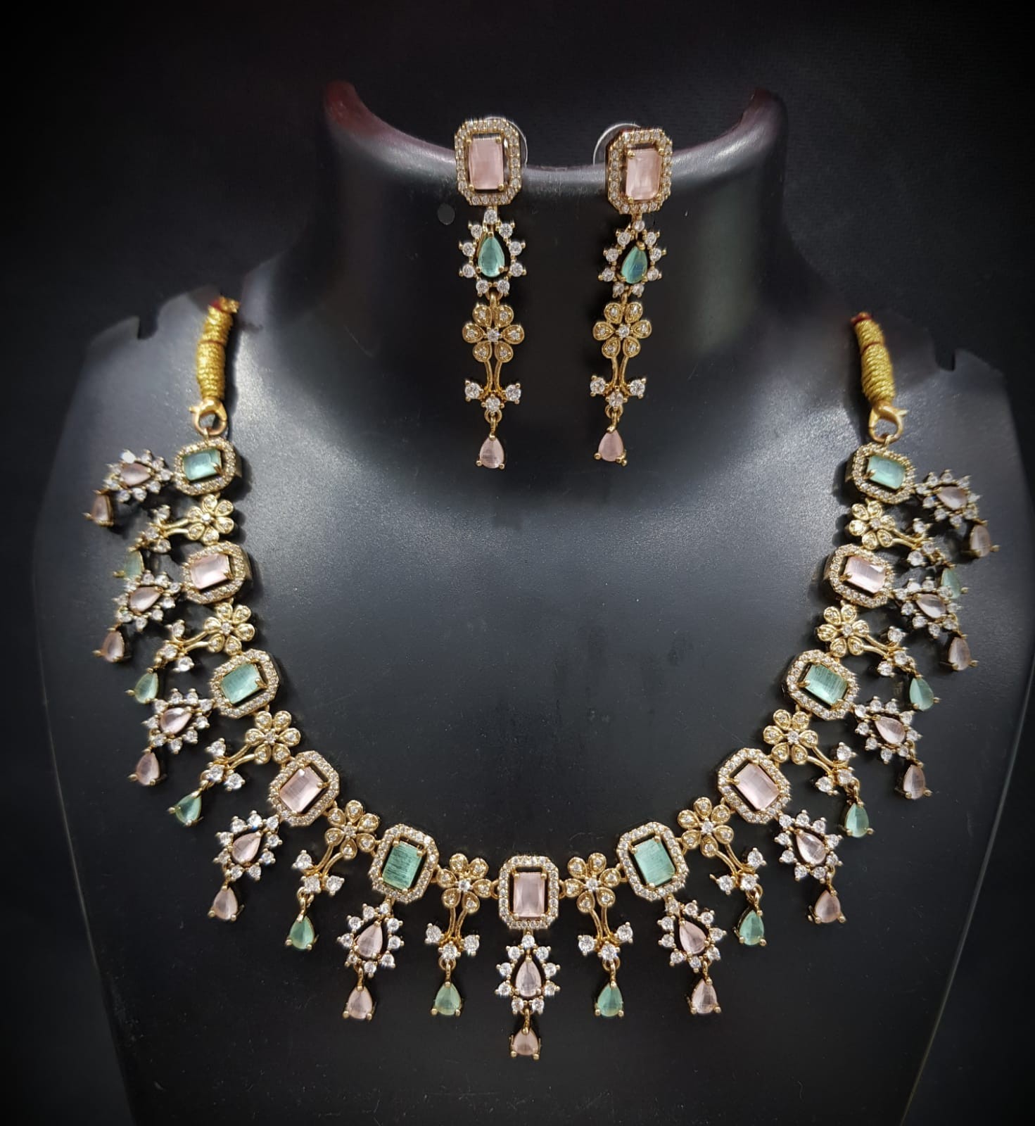 Indian CZ American Diamond Necklace Earrings Set Pastel Pink Green Gold Plated