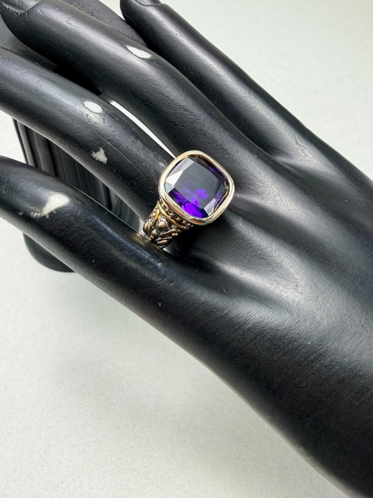 Bold Purple Crystal Ring Two Tone Statement Faceted Stone Size 10