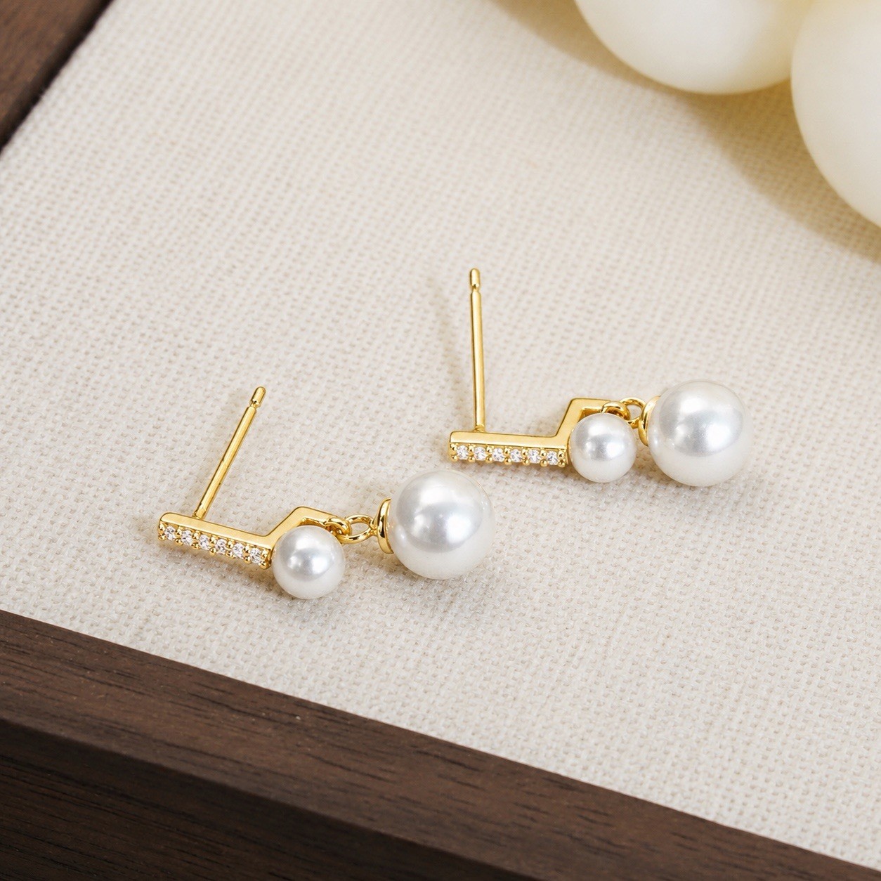 18K Gold Plated Double Pearl Drop Stud Earrings Dainty CZ Bar Pearl Earrings B23