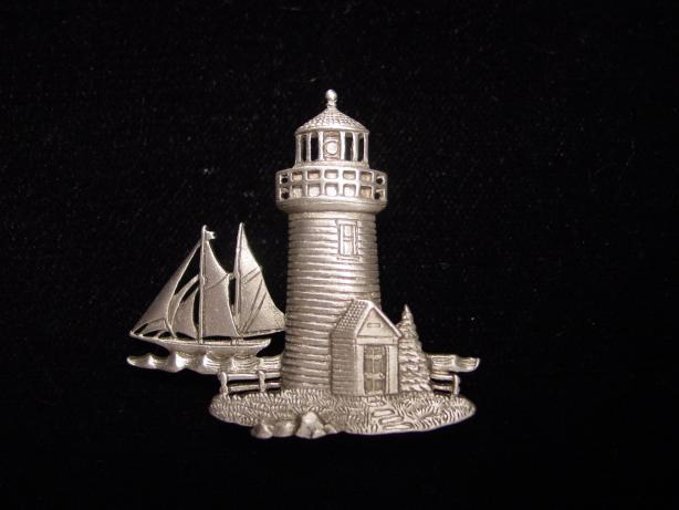 “JJ” Jonette Jewelry Silver Pewter ‘Lighthouse * Sailboat’ Pin ~ Ocean Life