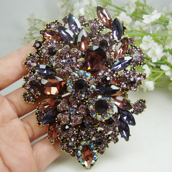 3.94″ Purple Dual Droplets Flower Group Rhinestone Crystal Brooch pin Pendant