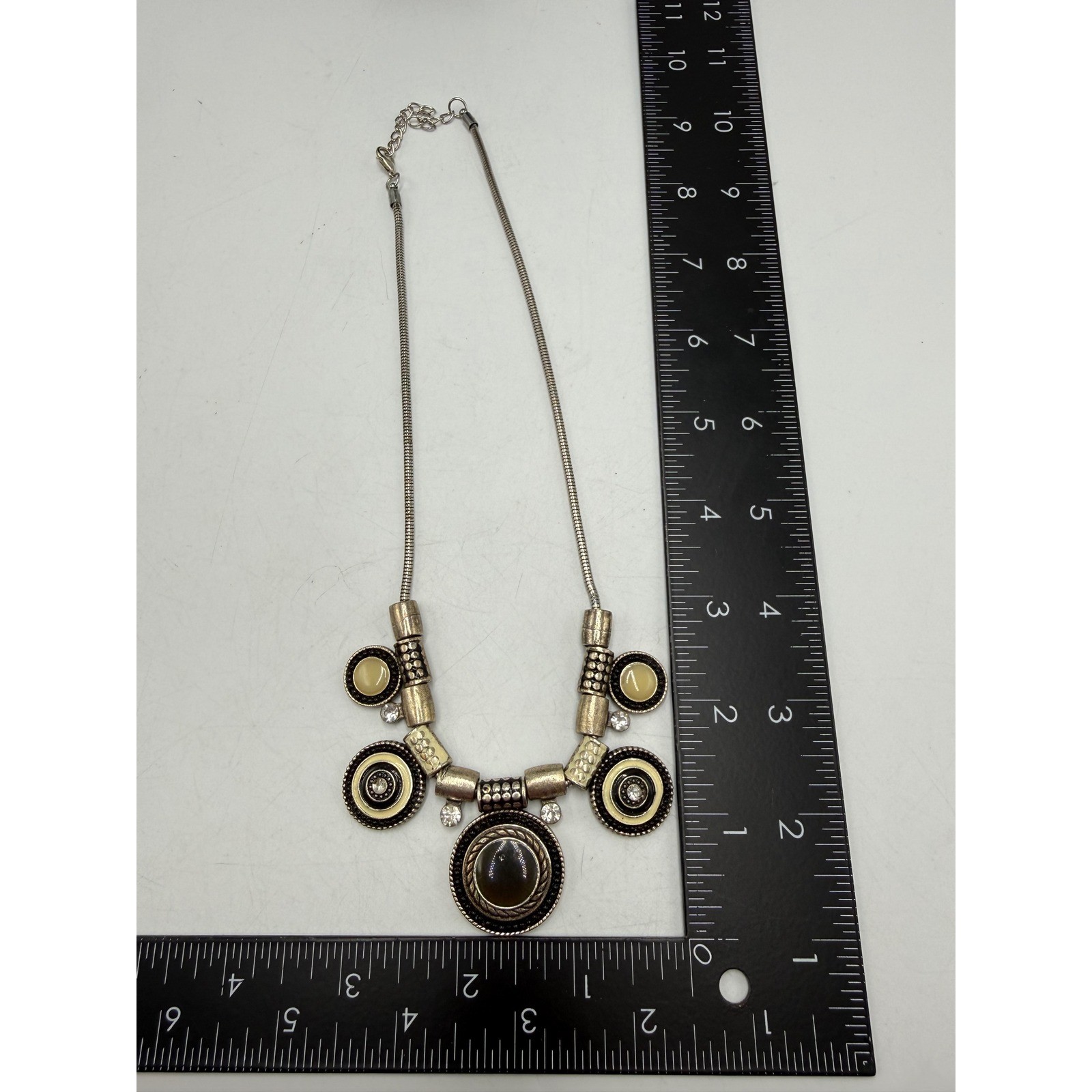Silver Black Cream Statement Necklace Boho Tribal Rhinestone Snake Chain Pendant
