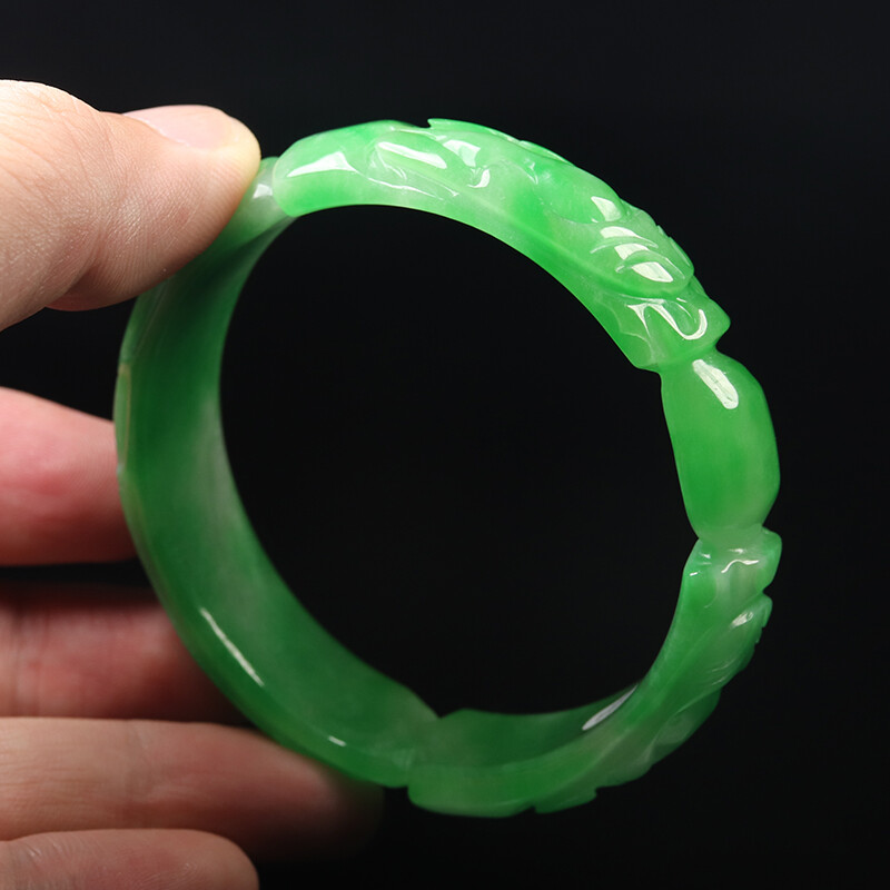59mm Emerald Green Jadeite Jade Bangle Bracelet Hand-carved Dragon Phoenix 11991