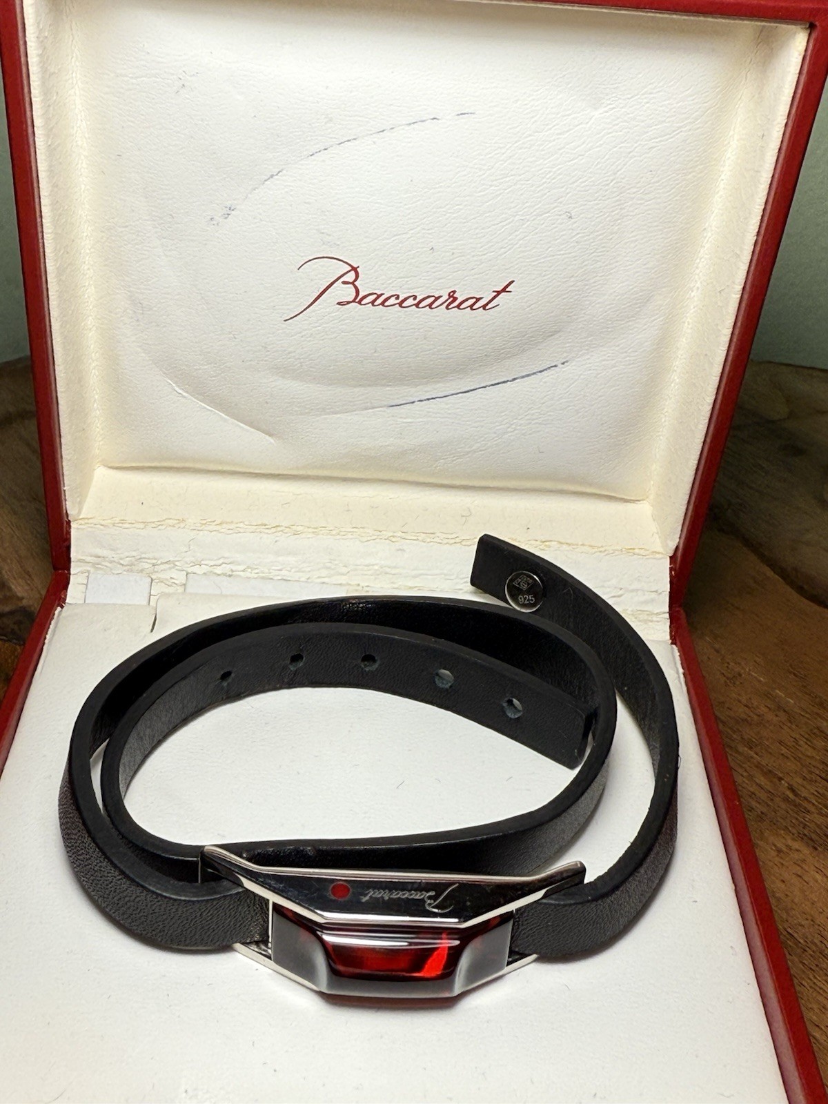 BACCARAT RED CRYSTAL LEATHER CABLE DOUBLE WRAP BRACELET AND S.S .925 / 6.5-7.5”