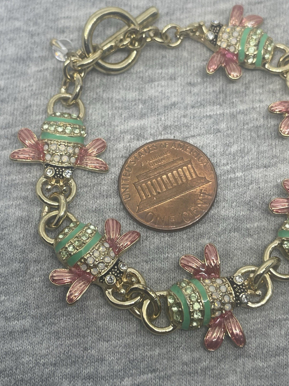 Napier Signed GoldTone Beetle Bee Bug Enamel Rhinestones 7.4” Bracelet