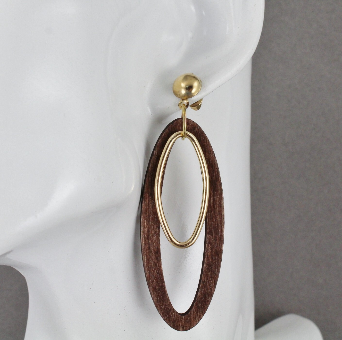 dark Brown Gold earrings lightweight wood dangle post teardrop oval 2.75″ long