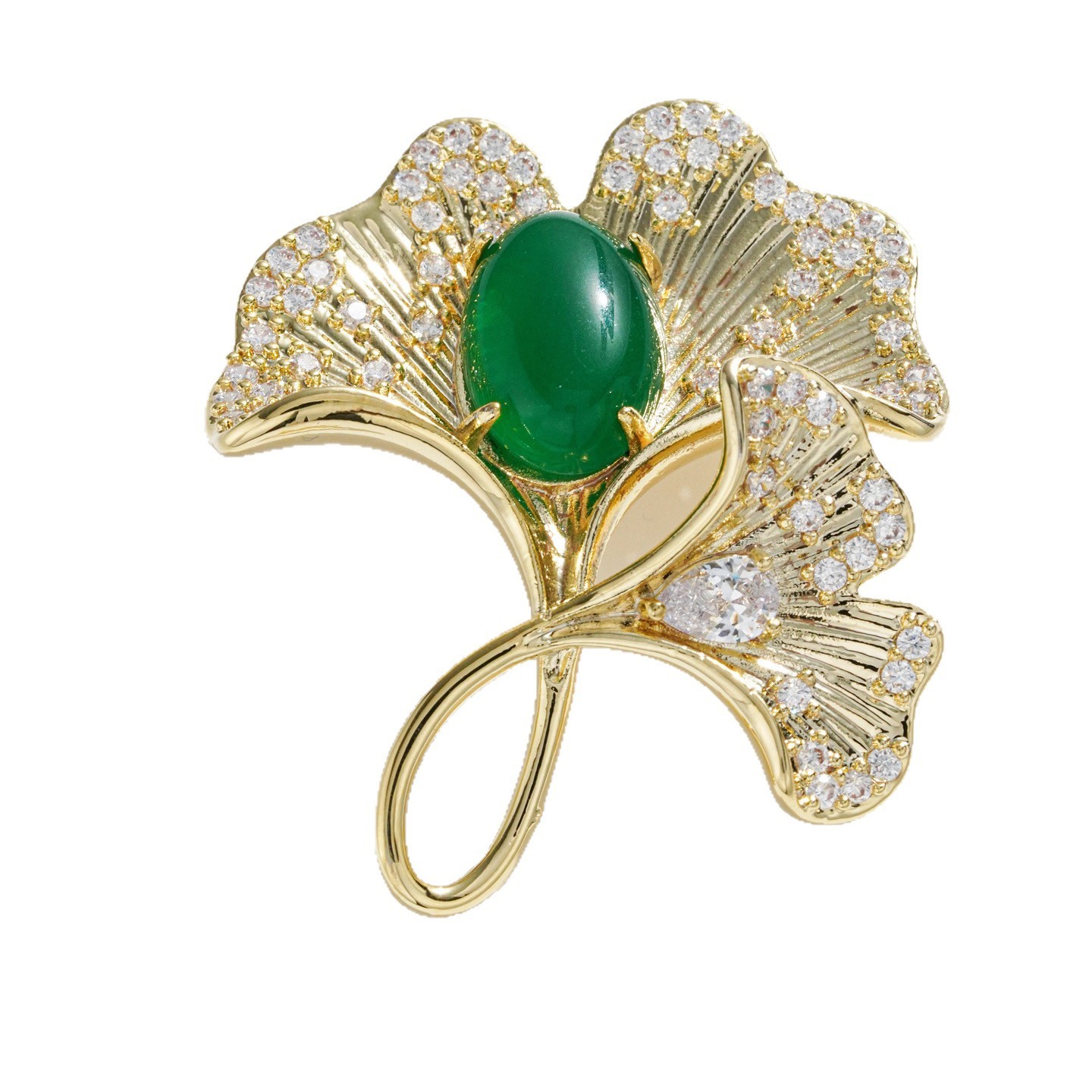 Emerald Agate Gemstone Ginkgo Leaf Brooch Pin Sparkling Rhinestone Jewelry Gift