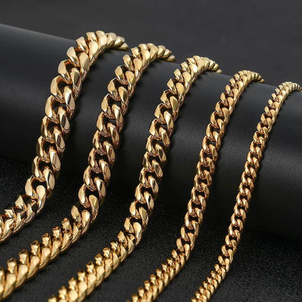 Miami Cuban Chain Necklace Men, 14k Gold Plated Stainless Steel 6–12mm 16–30″