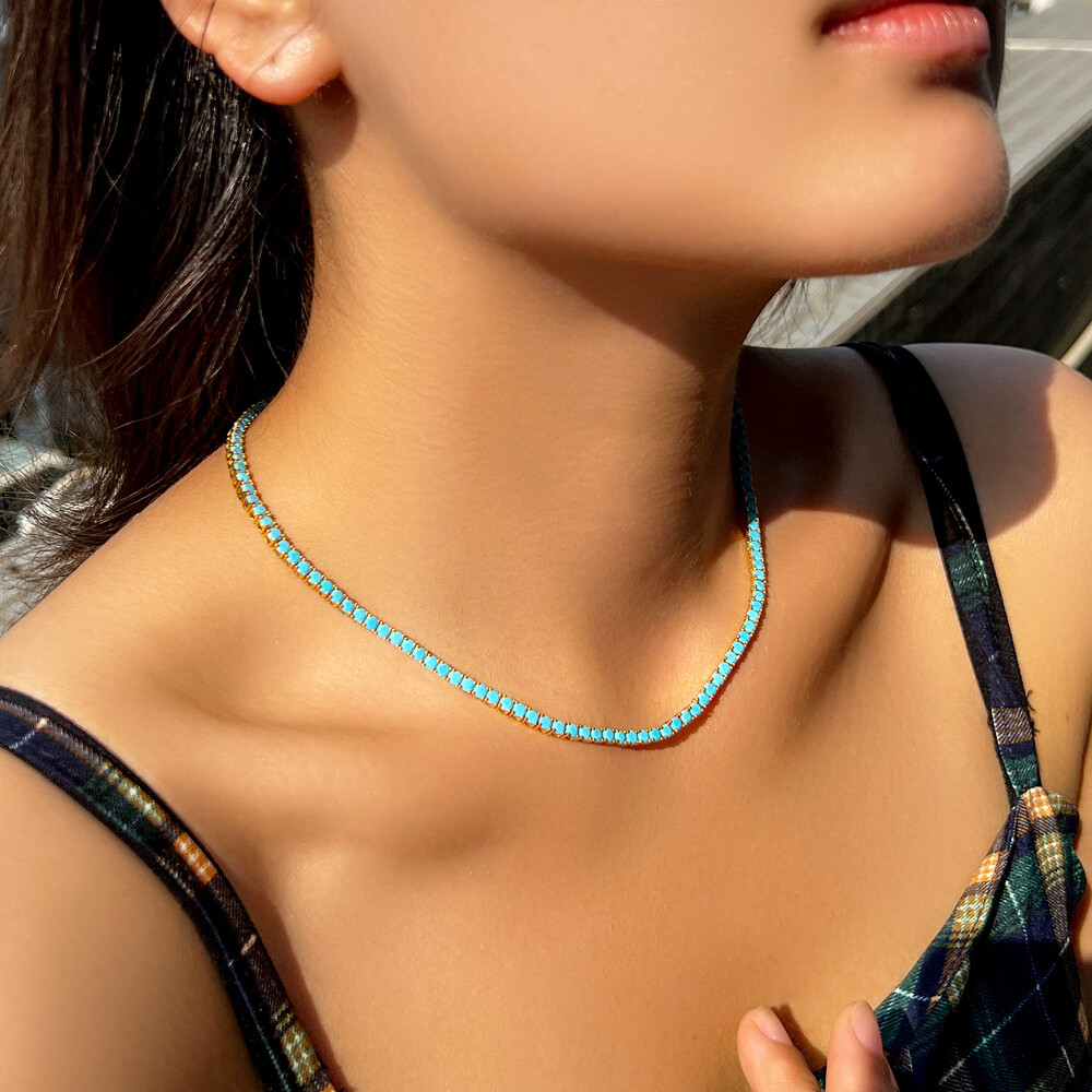 Gold Plated Blue Turquoise Tennis Necklace Cubic Zirconia Women Wedding Jewelry