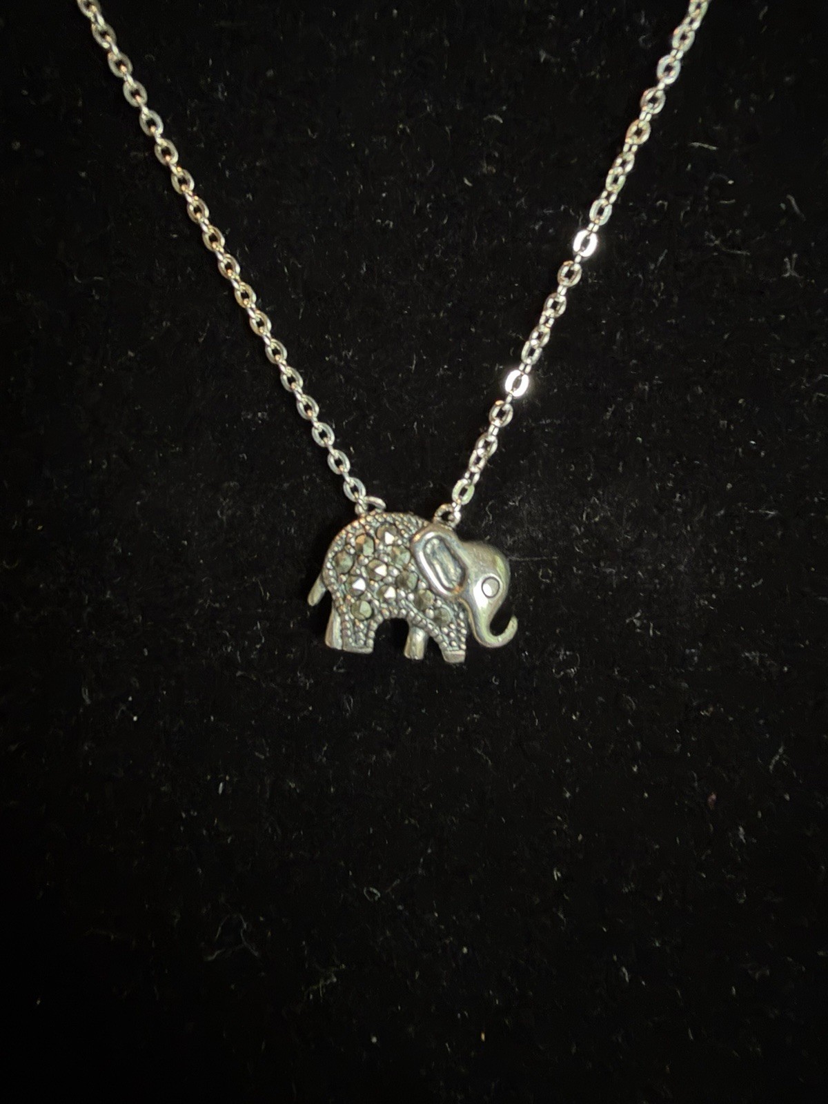 925 Sterling Silver Elephant Marcasite Pavé Charm Pendant Necklace 19in Signed