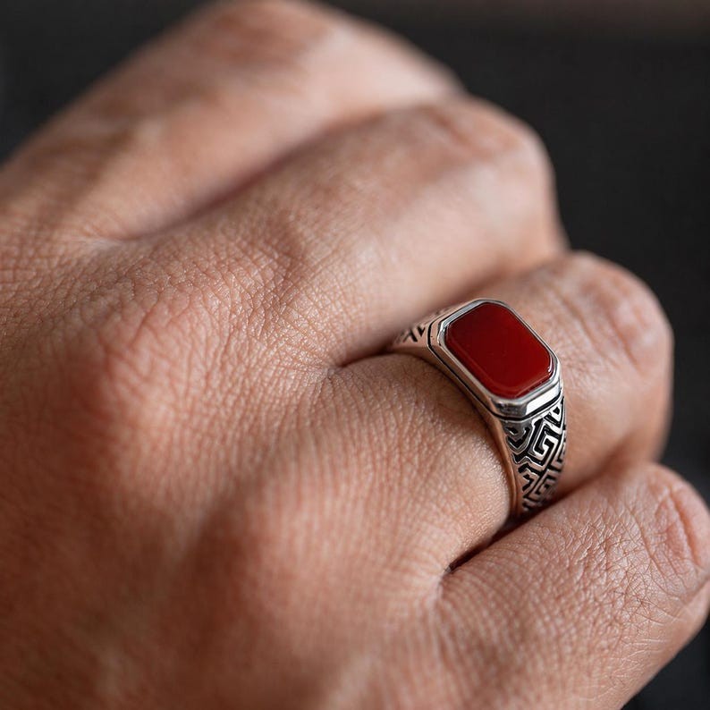 Vintage Red Agate Mens Signet Ring 925 Sterling Silver Ring Gift For Husband