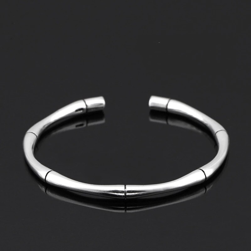 ZARD Bamboo Shaped Open Cuff Bangle Sterling Silver Minimalist Simple Bracelet