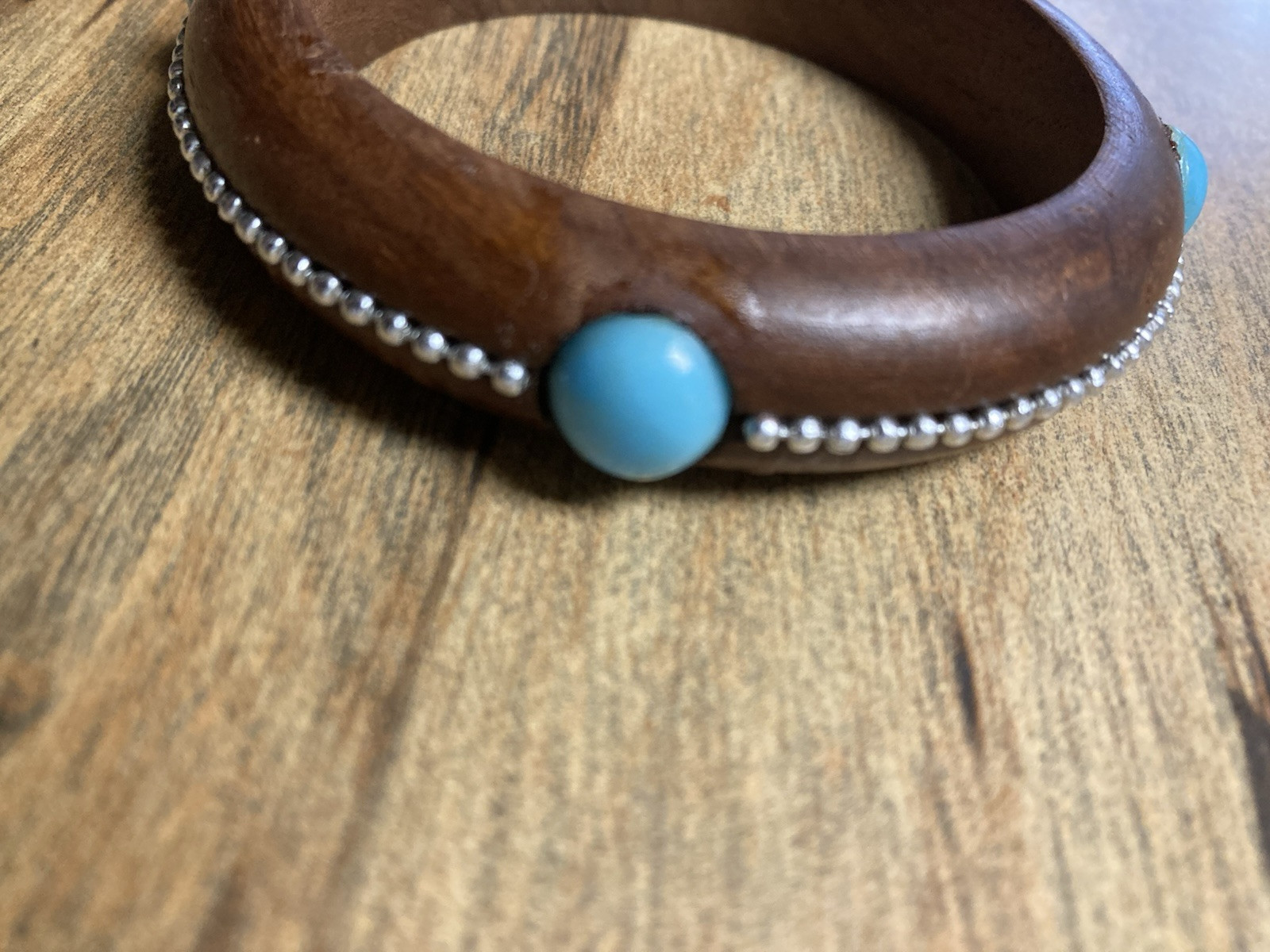 Wood Bangle Bracelet with Silver Color Beads All Around and 4 Turq Color Stones