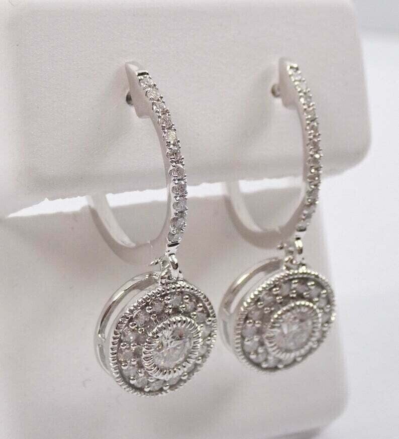 Clip On Drop Earring In 14K White Gold Plated 1.20Ct Round Cut Simulated Diamond