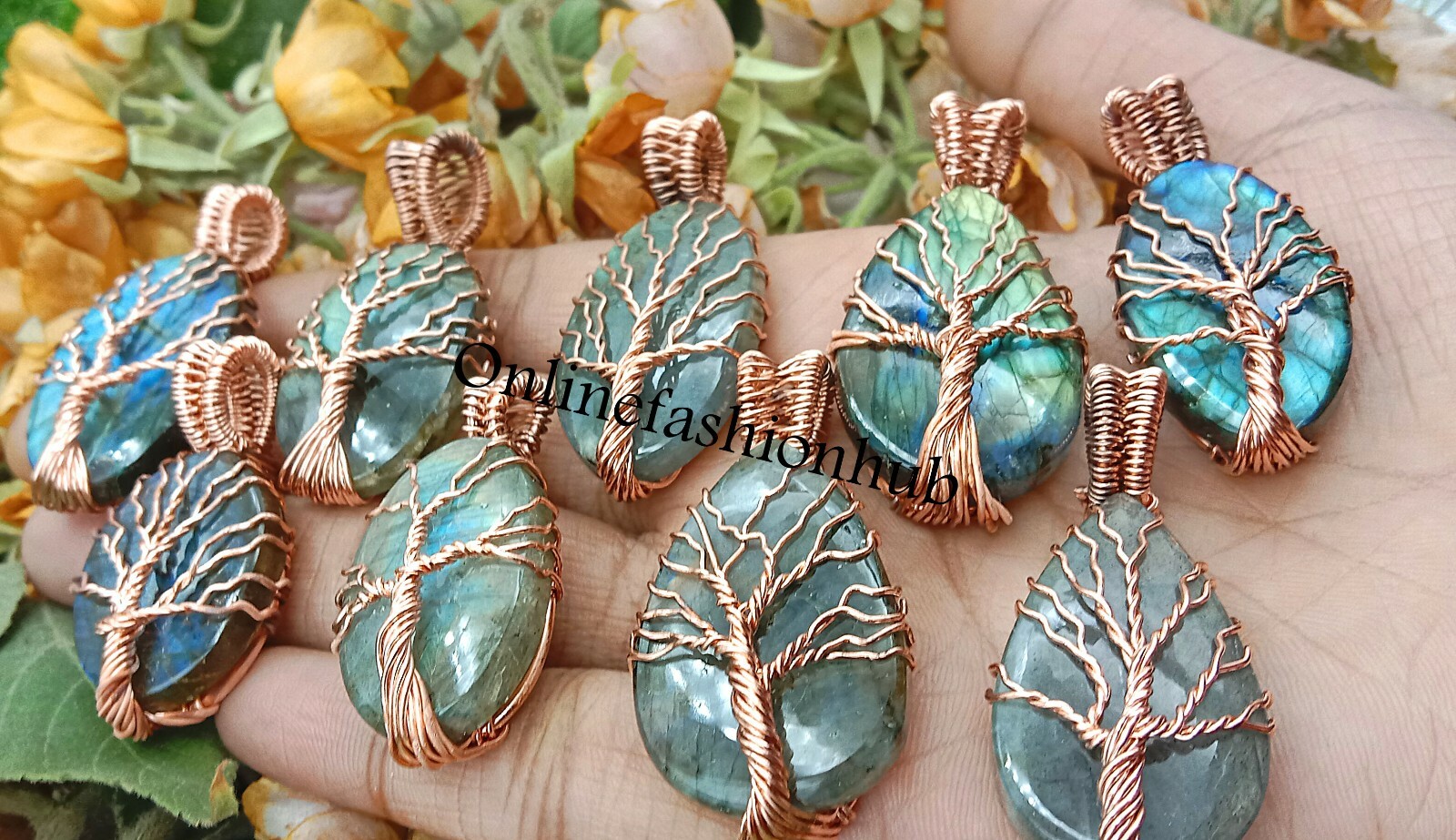 Flashy Labradorite Tree Of Life Pendants Lot Handmade Copper Wire 5Pcs Pendants