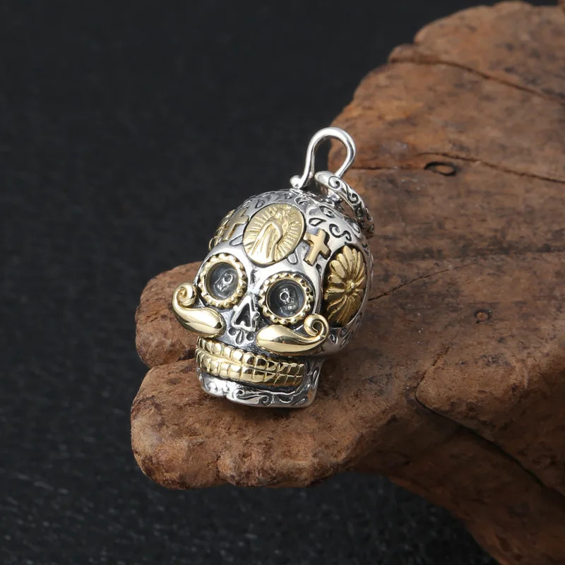 Sugar Skull Hat Jewelry 2-Tone Gothic Religious Pendant Necklace