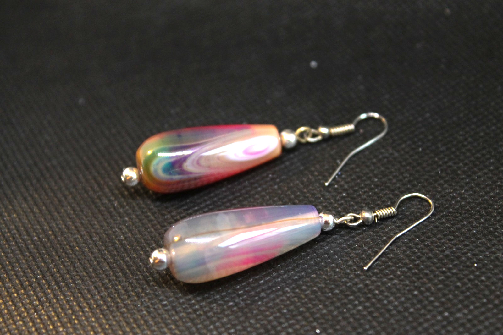 Pink, Teal & Green Dyed Agate Crystal Teardrop Earrings, Silver, 2.25″ Drop