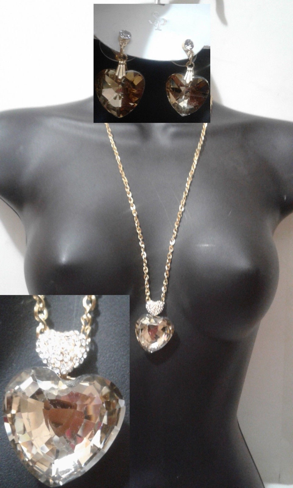 Crystal Lucite Heart Pendant Necklace Long Gold Metal Chain Statement Earrings