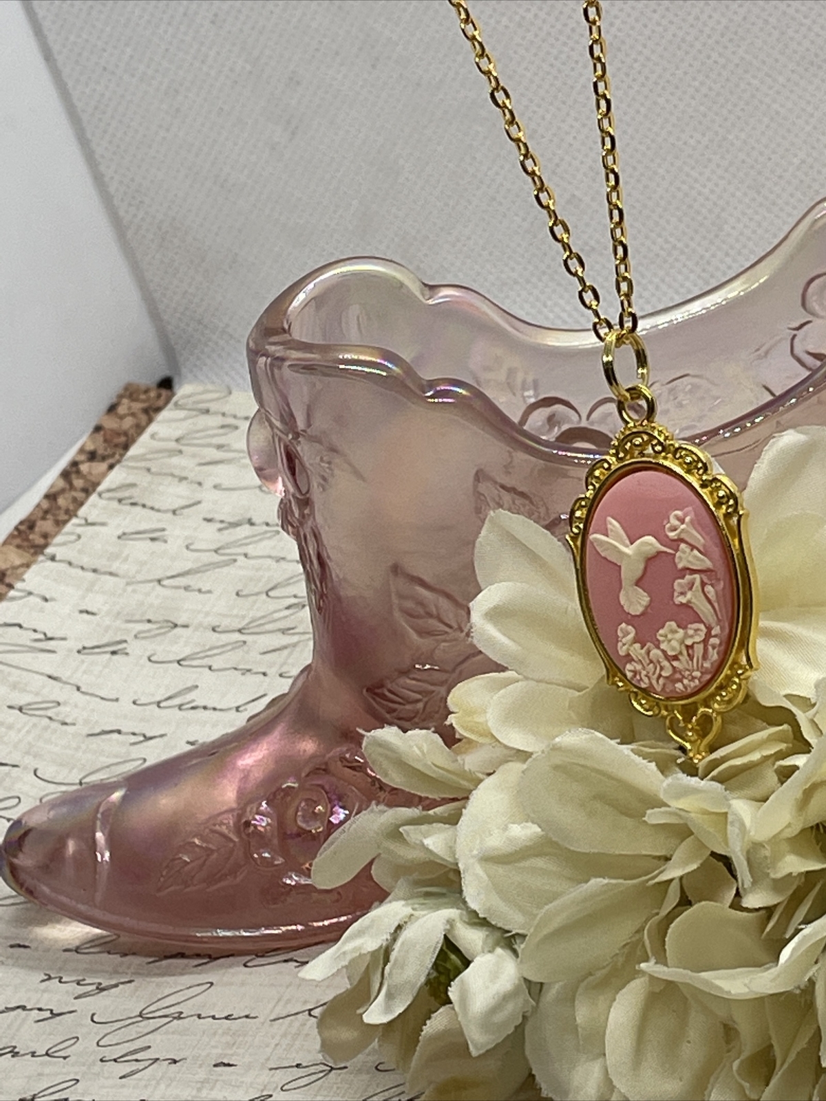 PINK Hummingbird Necklace Heart Cameo Mom Daughter Gold wedding JEWELRY Easter