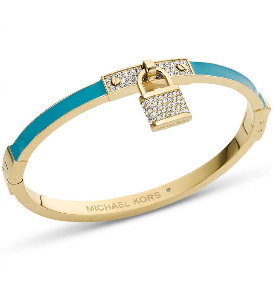 MICHAEL KORS MKJ3303 Gold Turquois Blue Crystal Pave Padlock Bracelet MKJ3303710