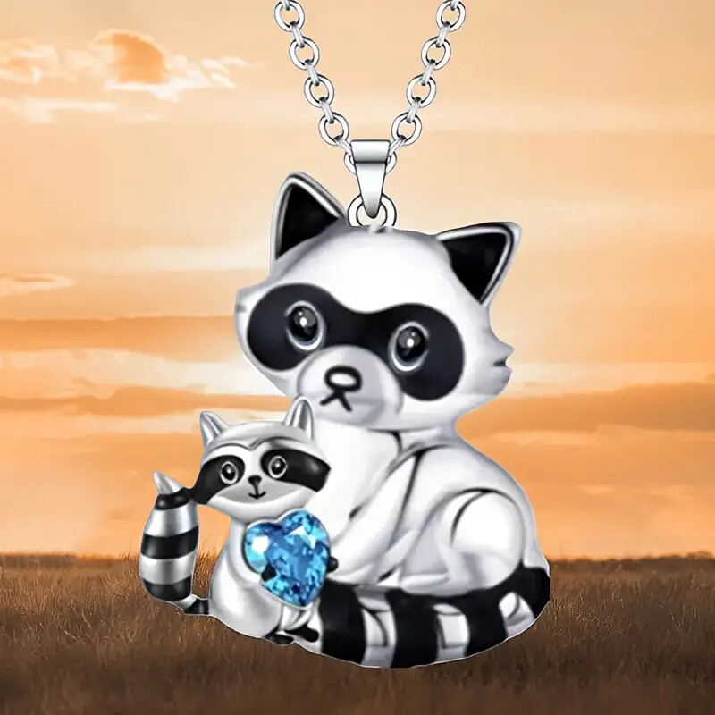 Beautiful Mother Raccoon and child Blue Crystal Pendant Necklace
