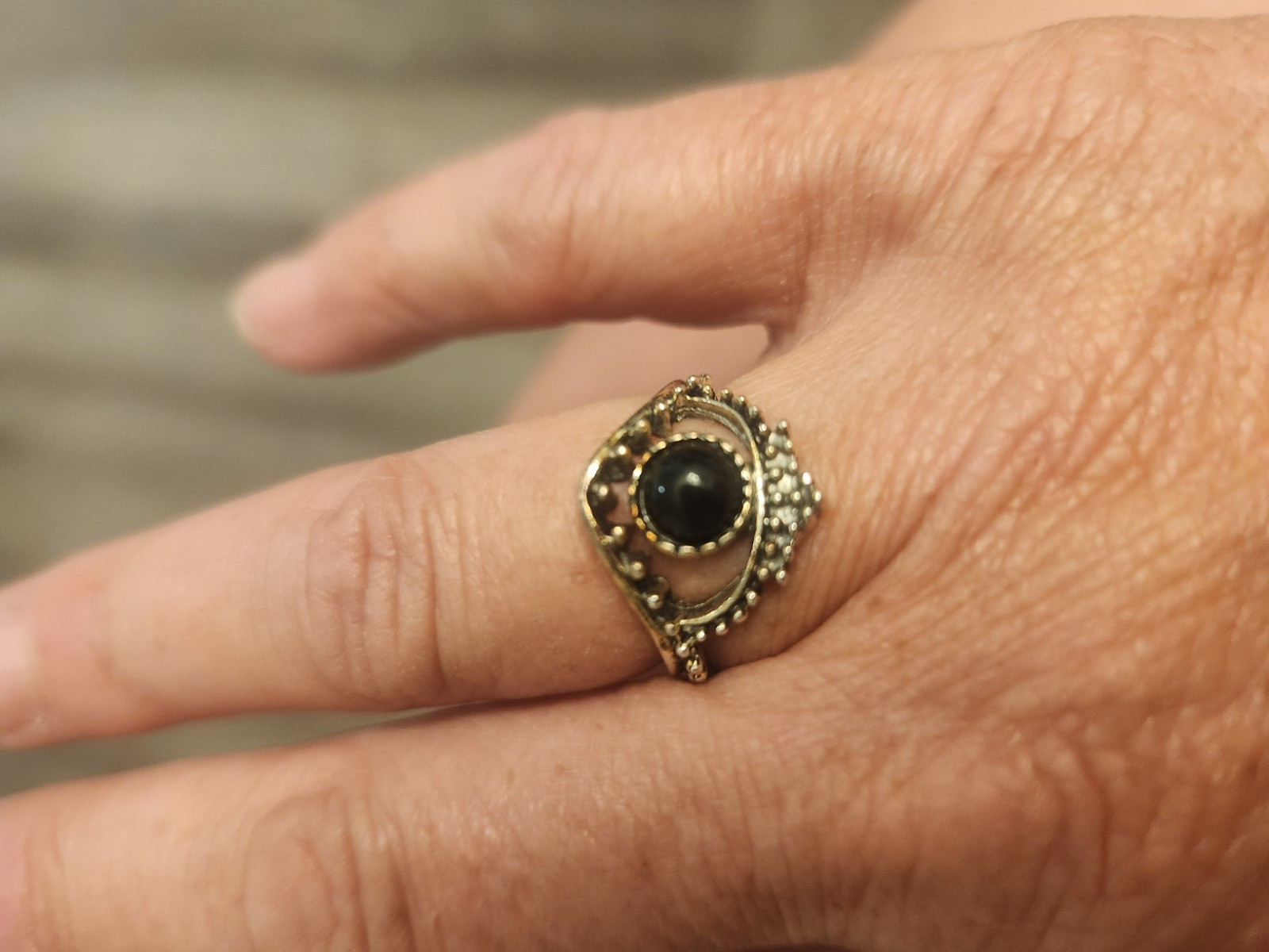 Gold Tone Evil Eye Eye Design Cocktail Ring Black Round Center Stone Size 6